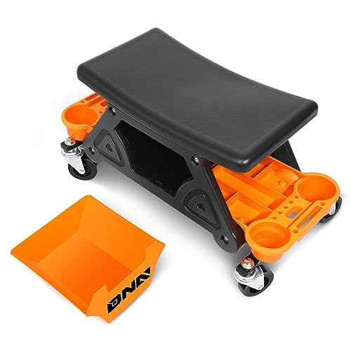 DNA Motoring TOOLS-00189 Mechanic Stool - 25-1/2" x 13" x 12" (L x H x W), Rolling Work Seat w/Lockable Swivel Wheels and Storage Tool Tray - color: ORANGE