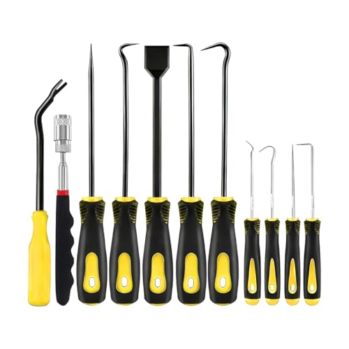 11PCS Car Carbon Steel Precision Hook and Pick Set, Gasket Scraper Hoses Puller Remover Hand Pickup Tool, Magnetic Telescoping Tool Kit for Automotive Electronic Maintenance (Yellow) - color: Yellow