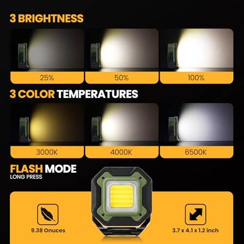 2-Pack 6000mAh Rechargeable LED Work Light, 16Hrs Long-Lasting 1200LM Waterproof Magnetic Job Site Lighting, 180° Rotating 4 Modes 6500K Work Lamp for Car Repair Mechanic Camping Fishing Emergency - color: Green