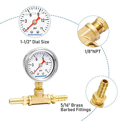 MEASUREMAN Fuel Pressure Gauge Kit 0-15Psi Stainless Steel Glycerin Filled, 1-1/2" Dial Size, with 5/16" Fuel Line Fuel Pressure Brass T-Fitting Adapter, Lower Mount - size: 0-15 psi, style: Lower Mount T-Fitting Adapter