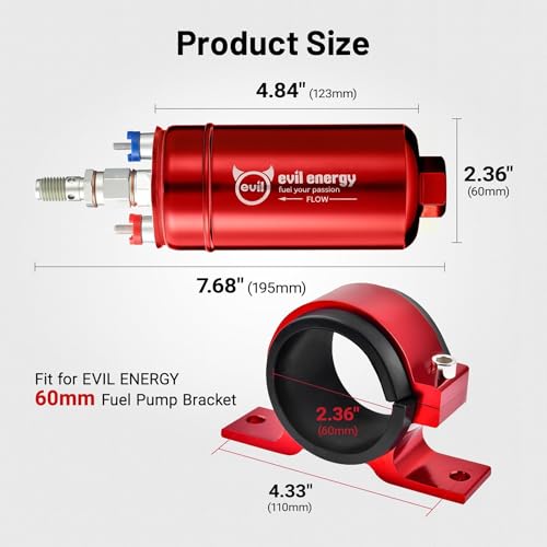 EVIL ENERGY External Inline Fuel Pump for 12V EFI System, 300LPH Flow | Compatible with Gasoline, Pump Gas, Race Gas, and Diesel, 10AN Inlet & 6AN Outlet, 60mm Bracket Included - color: Red