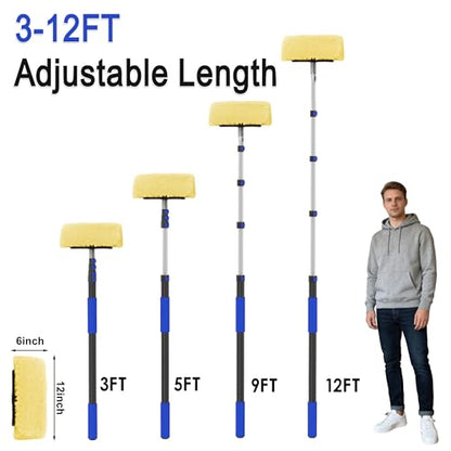 18FT Reach Car Wash Brush with Long Handle, 3 to 12 FT Car Cleaning Brush with Soft Bristle, Aluminium Telescoping Pole for Solar Panel, House Siding, SUV, Cars, Trucks, RV, Floors, Navy