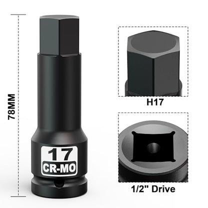 1/2" Drive 17 mm Hex Impact Bit Socket, H17 Allen Bit Socket, Metric, Cr-Mo Steel, Automotive Repair Industrial Maintenance and DIY Enthusiasts Alike - size: 1/2" H17 Deep