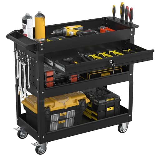 3 Tier Heavy Duty Rolling Tool Cart with Drawers, Large Storage Utility Cart on Wheels for Garage, Warehouse, Repair Shop (Black) - color: Black