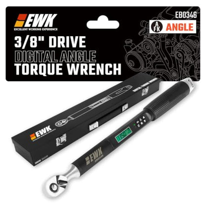 EWK 3/8" Drive Digital Angle Torque Wrench 5-100 ft-lbs (6.8-135 Nm) | ISO 6789, ±1.5% clockwise / ±2.5% counterclockwise/ ±2% Angle, LCD Display, LED Buzzer Vibration Alert, 30 Memory Values