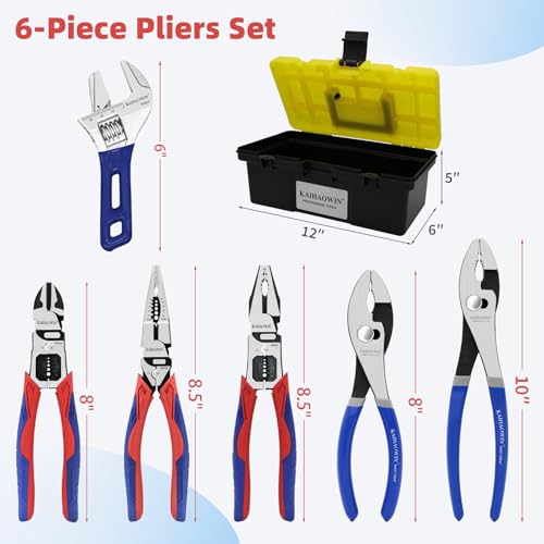 KAIHAOWIN 6-Piece Tool Set with Case, 8.8” Long Nose, 8.8” Linesman, 8” Diagonal, 6“ Adjustable Wrench, 8”&10” Slip Joint Pliers for Repairing & Home Use - color: Repairing Set