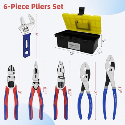KAIHAOWIN 6-Piece Tool Set with Case, 8.8” Long Nose, 8.8” Linesman, 8” Diagonal, 6“ Adjustable Wrench, 8”&10” Slip Joint Pliers for Repairing & Home Use - color: Repairing Set