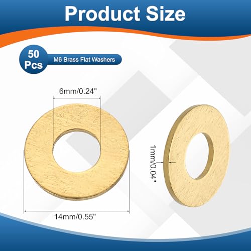 PATIKIL M6 Brass Flat Washer, 50 Pcs 6mm ID 14mm OD 1mm Thick Metric Washers Metal Sealing Gasket Ring for Screws Bolts Factories Home Outdoor Projects - size: M6 x 14 x 1mm