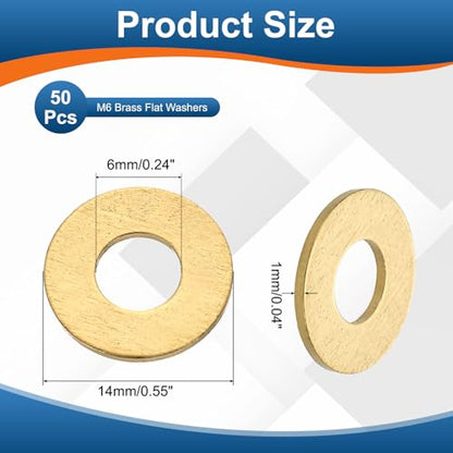 PATIKIL M6 Brass Flat Washer, 50 Pcs 6mm ID 14mm OD 1mm Thick Metric Washers Metal Sealing Gasket Ring for Screws Bolts Factories Home Outdoor Projects - size: M6 x 14 x 1mm