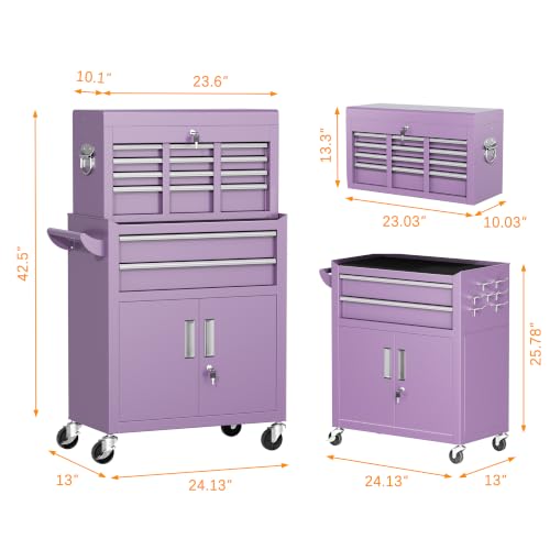 INTERGREAT Tool Chest, Assembled 8-Drawers Rolling Tool Chest with Wheels, Detachable Top Tool Box, Tool Cabinet for Repair Room,Warehouse, Rolling Tool Box with Hooks,Tray Divider,Liners(Purple) - color: Purple, size: 8 Drawers