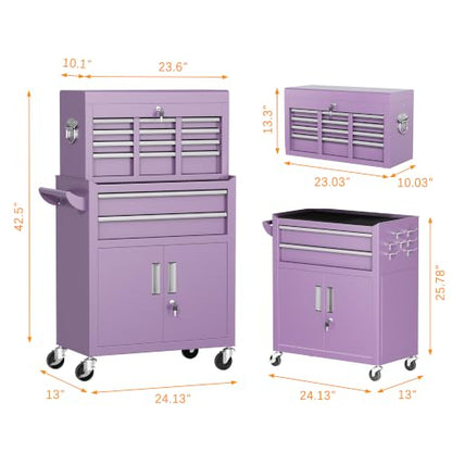 INTERGREAT Tool Chest, Assembled 8-Drawers Rolling Tool Chest with Wheels, Detachable Top Tool Box, Tool Cabinet for Repair Room,Warehouse, Rolling Tool Box with Hooks,Tray Divider,Liners(Purple) - color: Purple, size: 8 Drawers