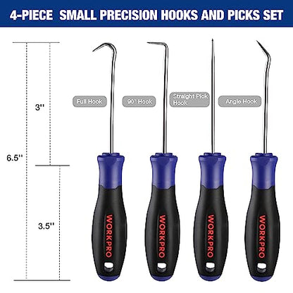 WORKPRO 4-Piece Precision Pick and Hook Set with Pouch, Angled Pick, Straight Pick, 90-degree Pick, Full Hook, Mini Pick Set Mechanic, Remove Small Fuses, Wire Plugs and "O" Rings, Gunsmith Tools