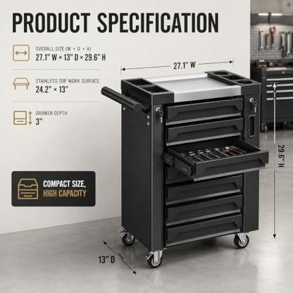 7-Drawer Rolling Tool Chest, Tool Box Lockable Metal Tool Cabinet with Side Storage Cabinet, Ball Bearing Slides Steel Organizer,Heavy-Duty Powder-Coated Tool Cart for Garage Workshope, Black - size: 7 Drawers- Black