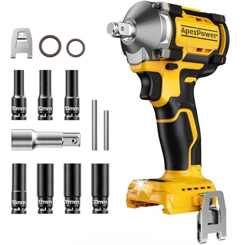 Cordless Impact Wrench, for DEWALT 20V Max Battery, 1/2 Inch Brushless Electric Impact Gun w/ 600FT-LBS (814N.m), 3000RPM High Torque Impact Driver, 7 Sockets Electric Impact Wrench for Car Home