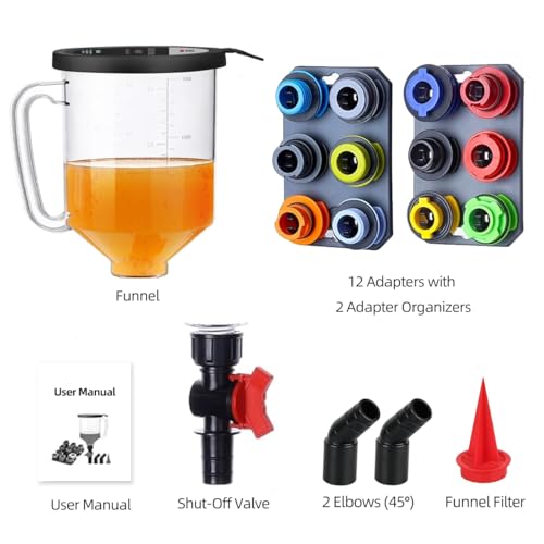 18-Piece No Spill Engine Oil Funnel Kit, 1.59QT/1.5L Automotive Oil Funnel Set w/ 12 Adapters, 2 Magnetic Storage Tray, Elbow Fitting & Arrow Screen, Universal Vehicles Use