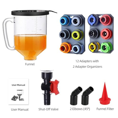 18-Piece No Spill Engine Oil Funnel Kit, 1.59QT/1.5L Automotive Oil Funnel Set w/ 12 Adapters, 2 Magnetic Storage Tray, Elbow Fitting & Arrow Screen, Universal Vehicles Use