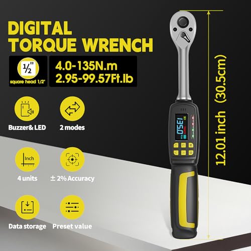 1/2-Inch Drive Digital Torque Wrench, 3.0-99.5 ft-lb (4-135 Nm) | Buzzer & LED Alerts, 72-Tooth Ratchet, 5-Inch Shaft, for Car, Wheel Lugs, Storage Case - size: 1/2" 135Nm