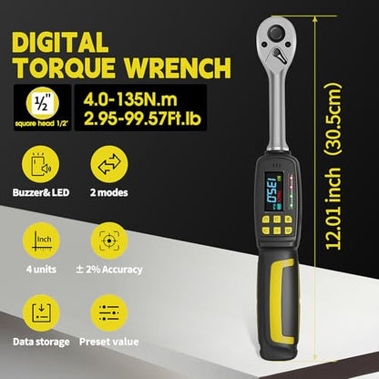 1/2-Inch Drive Digital Torque Wrench, 3.0-99.5 ft-lb (4-135 Nm) | Buzzer & LED Alerts, 72-Tooth Ratchet, 5-Inch Shaft, for Car, Wheel Lugs, Storage Case - size: 1/2" 135Nm