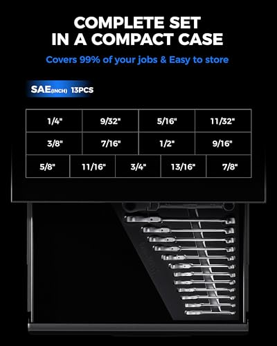toolant 13pcs Ratcheting Wrench Set, Reversible Flex Head & Offset Head Double Box-End Ratcheting Wrench Set, 1/4"-7/8" SAE Set, 90-Teeth and 4° Swing, with Storage Tray - size: 13PCS 1/4-7/8"