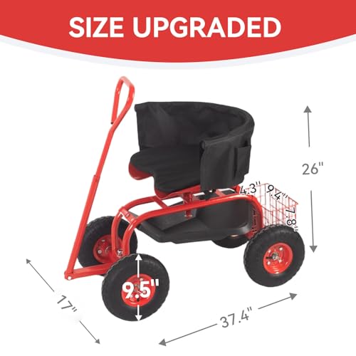 Kinfant Garden Seat with Ergonomic Backrest – Rolling Garden Stool with Height Adjustable & 360° Swivel Seat with Wheels, Gardening Cart Bench, Tool Storage, for Yard, Patio Red - color: With Backrest-red