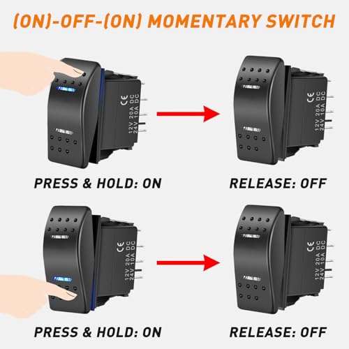 Nilight Momentary Rocker Switch (ON)-Off-(ON) Toggle Switches DPDT 7Pin 12V 24V on Off on LED Switch for Cars Trucks Caravans Boats Winch Pump with Jumper Wire - color: Blue Switch