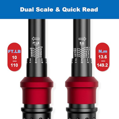 SUERCUP 3/8" Click Torque Wrench, 10-110 ft-lb, for Lug Nuts & Spark Plugs | ±3% Accuracy, 13.6-149.2Nm, Dual-Direction 72-Tooth Ratchet, Click Alert, for Engine, Suspension, Motorcycle & Car Repair - size: 3/8" 10-110Ft.Lb/13.6-149.2N.m