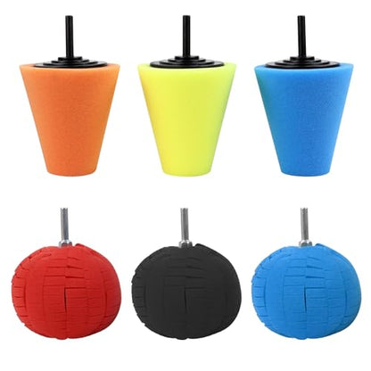 Hovom 6PCS Car Wheel Hub Drill Buffing Sponge Pads Kit, Car Polishing Foam, Sponge Buffing Cone and Polishing Ball Set, Wheel Cleaning Tools Polishing Pads for Drill Attachment (6PCS-3 Cones) - size: 6PCS-3 Cones