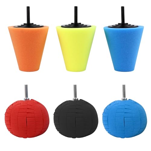 Hovom 6PCS Car Wheel Hub Drill Buffing Sponge Pads Kit, Car Polishing Foam, Sponge Buffing Cone and Polishing Ball Set, Wheel Cleaning Tools Polishing Pads for Drill Attachment (6PCS-3 Cones) - size: 6PCS-3 Cones