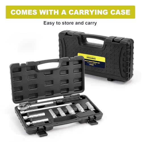 9-Piece Spark Plug Socket Set with 3/8 Inch Drive Click Torque Wrench,72 Tooth 10-45 Ft.Lbs (13.5-61Nm) Torque Wrench Set CR-V Steel Magnetic Swivel Spark Plug Set