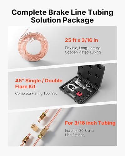 VEVOR 3/16" Brake Line Repair Kit, 45° Double & Single Brake Line Flaring Tool Kit, 25FT Copper Coated Brake Line (with 16 Fittings & 4 Unions) - Tube Cutter, 5 Adapters and Toolbox Included - size: 3/16"-1/2"