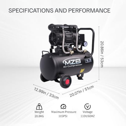 MZB 6.4 Gallon Ultra Quiet Air Compressor 110V/60Hz 7.41CFM 1.5HP, MAX 115PSI Steel Tanks Oil-Free 70dB Noise Level Air Compressor with Wheels for Spray Painting, Auto Repair, Carpentry Decoration - size: MZB-1100H-24