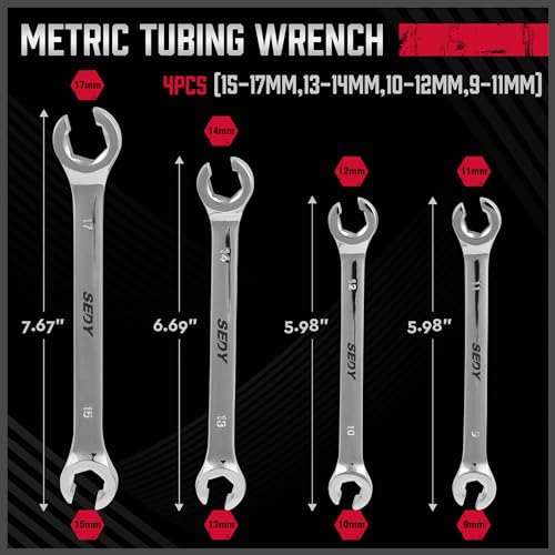 SEDY 4-Piece Flare Nut Wrench Set, Offset End Spanner Metric 9 10 11 12 13 14 15 17mm, CR-V Steel Storage Pouch Repair and Remove Nuts on Fuel Tube Hose Transmission Line - style: 4-Pc Metric (Flare Nut)