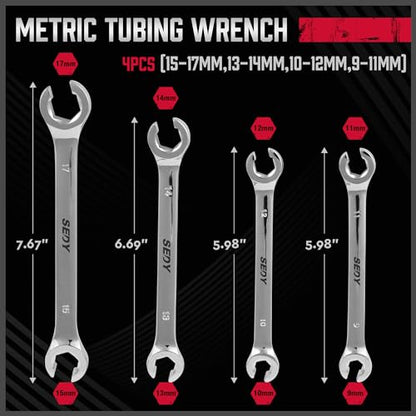 SEDY 4-Piece Flare Nut Wrench Set, Offset End Spanner Metric 9 10 11 12 13 14 15 17mm, CR-V Steel Storage Pouch Repair and Remove Nuts on Fuel Tube Hose Transmission Line - style: 4-Pc Metric (Flare Nut)