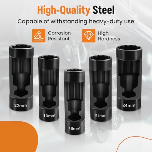maXpeedingrods 5 PCS Strut Nut Socket Set 18mm 19mm 21mm 22mm 24mm | 12 Point 1/2" Drive Suspension Strut Nut Socket Tool for Hex Wrench - style: 5 Pcs