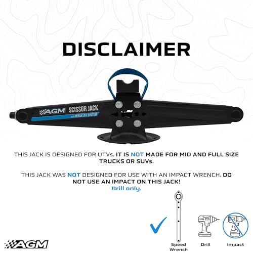 AGM Scissor Jack – 2,000 lb Impact-Rated Lift for UTVs, SUVs & Cars | Scissor jack, 2,000 lb capacity, VersaLift head, drill adapter, speed wrench included