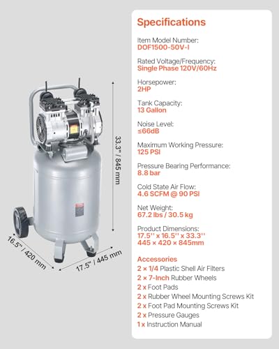 VEVOR 13-Gallon Air Compressor, 2HP, 4.6 SCFM@90PSI, Oil-Free Tank, 66dB Quiet Operation, Ideal for Tire Inflation, Woodworking, Auto Repairs, and Spray Painting (Maximum Pressure 125 PSI) - size: 17.5'' x 16.5'' x 33.3''