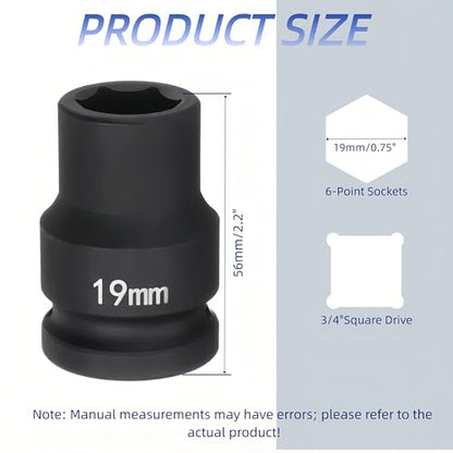 3/4"Drive x 19mm Metric, 6-Point Deep Impact Socket, Axle Nut Impact Socket | 40CR Alloy Steel,Clear labeling, Common Tools for Car Repair/Mechanical Work/Construction/Carpentry and Home Maintenance - size: 19mm