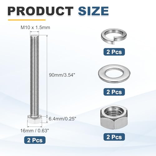 MECCANIXITY M10 x 90mm 304 Stainless Steel Hex Head Screws Bolts, Nuts, Flat & Lock Washers Assortment Kit, Fully Threaded, Bright Finish for Home, Electronic, Machine, 2 Sets - size: M10 x 90mm