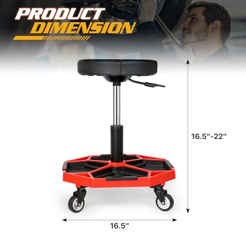 Magshion Adjustable Mechanics Stool with Wheels – 300 lbs Capacity Rolling Shop Stool for Garage & Workshop, Pneumatic Height Adjustable Work Chair with Tool Tray (Red)
