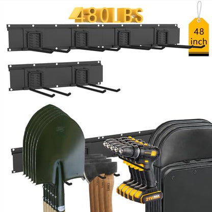 CBWLWJ 48'' Garage Tool Organizer Wall Mount - Heavy Duty 480 lbs Capacity Tool Rack with 6 Adjustable Straight Hooks, Wall Mounted Storage System for Garage, Shed, Workshop (Black) - size: 48inch+6Straight Hooks
