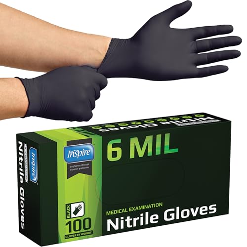 Inspire Black Nitrile Gloves HEAVY DUTY 6 Mil Nitrile Chemical Resistant Medical Cooking Cleaning Disposable Black Gloves - size: XXL, style: Black 6mil Box of 100