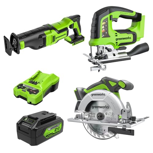 Greenworks 24V Cordless Power Tool 3pcs Combo Kit, Jig Saw with 4Ah USB Battery & Charger, Circular Saw (6-1/2") & Reciprocating Saw, Brushless Motors, 3000 SPM & 4800 RPM - size: 3PCS Combo Kits(Circular+Recip+Jig Saw)