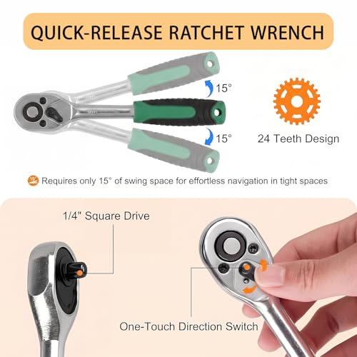 130 Pieces 1/4 Inch Drive Socket Ratchet Wrench Set, Mechanic Tool Set, with Bit Socket Screwdriver Set Metric and Extension Bar for Auto Repairing and Household - color: Silver-130pcs