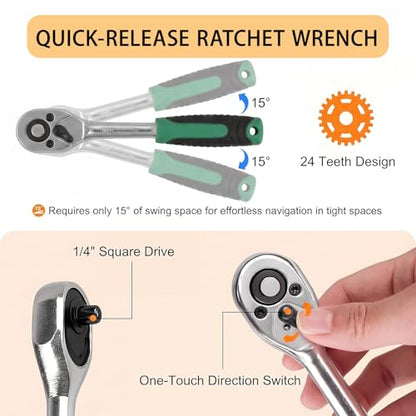 130 Pieces 1/4 Inch Drive Socket Ratchet Wrench Set, Mechanic Tool Set, with Bit Socket Screwdriver Set Metric and Extension Bar for Auto Repairing and Household - color: Silver-130pcs