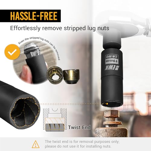 EWK 1/2-inch Drive Lug Nut Remover, 6 Pcs Impact Flip Socket Set (17, 19, 21 mm, 13/16", 7/8"), 6-Point & Twist Socket, Stripped/Rounded Bolt Extractor Removal Tool with 3" Extension Bar - style: Hex/ Twist Dual-end Socket Set