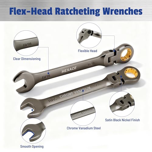 22-Piece Flex Head Ratcheting Wrench Set, with 180° Flex Head, Metric 6-18 mm & SAE 1/4-3/4", Combination Wrench Sets with Organizer Box