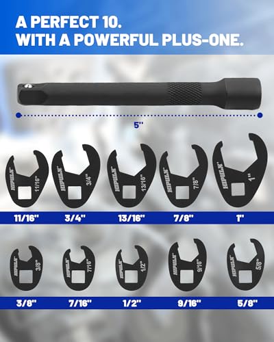 Crows Foot Wrench Set, 11 PCS Crowfoot Wrench Set for 3/8" Drive with Extension Bar, Flare Nut Wrenches Set SAE Size 3/8" - 1" Zippered Bag for Automotive, Plumbing & Industrial Use - style: SAE SET