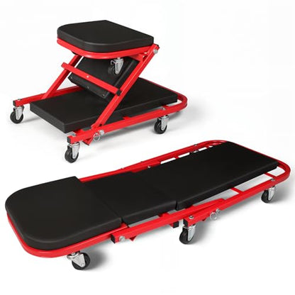 Magshion 40" Triplex Folding Creeper and Rolling Seat 2-in-1 330 lbs Capacity Foldable Mechanic Creeper Garage Stool Lay Down or Sit (Red) - color: Red, size: 40"