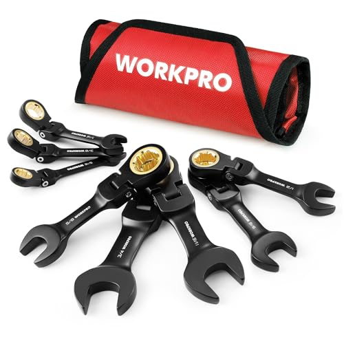 WORKPRO 8-Piece Stubby Anti-slip Ratcheting Combination Wrench Set, SAE 5/16-3/4 in, 72-Teeth, CRV, Black Electrophoretic Coating, Flex-Head Wrench Set with Rolling Pouch - size: SAE, style: Black electroplating coating