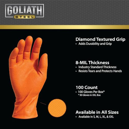 Kogler 8-Mil Orange Diamond Textured Grip Disposable Nitrile Gloves, Heavy-Duty Industrial & Mechanic Work Gloves, Latex-Free & Powder-Free, Chemical & Tear Resistant with Superior Wet Grip, X-Large - size: X-Large